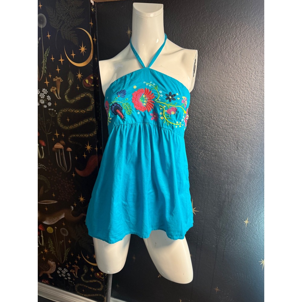 Hang Ten Turquoise Embroidered Halter Top XL Floral Boho Smocked Back Cotton